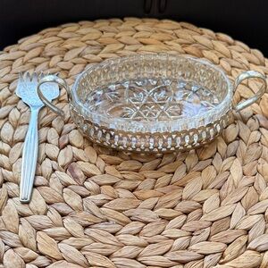 Vintage Glass Serving Dish with Silver Plated Sardine Fork